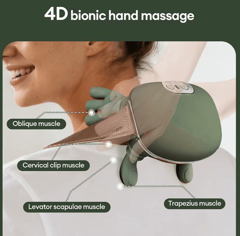 TheraNeck shown in use across the upper back and shoulders.