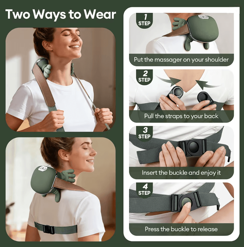 TheraNeck positioned on the thigh for portable at-home use.