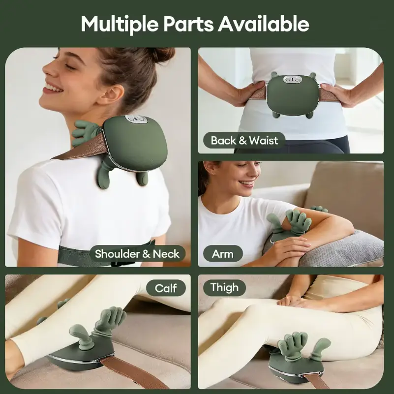 Lifestyle collage showing TheraNeck used on shoulders, back, arm, calf, and thigh.